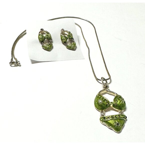 Vintage Fun Lime Green Bikini Necklace and Earrings Set Silver-tone Metal Beach - Picture 2 of 11